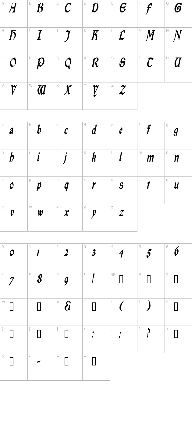 EnchantmentCondensed Italic character map