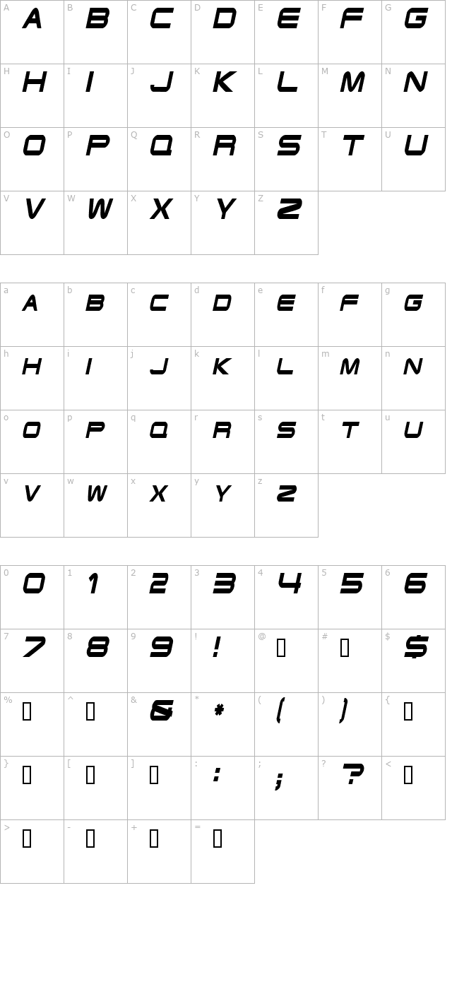 EndzoneCondensed Oblique character map