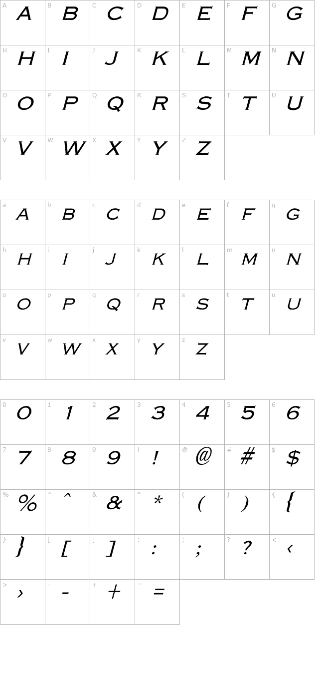 Engraver-Light Italic character map