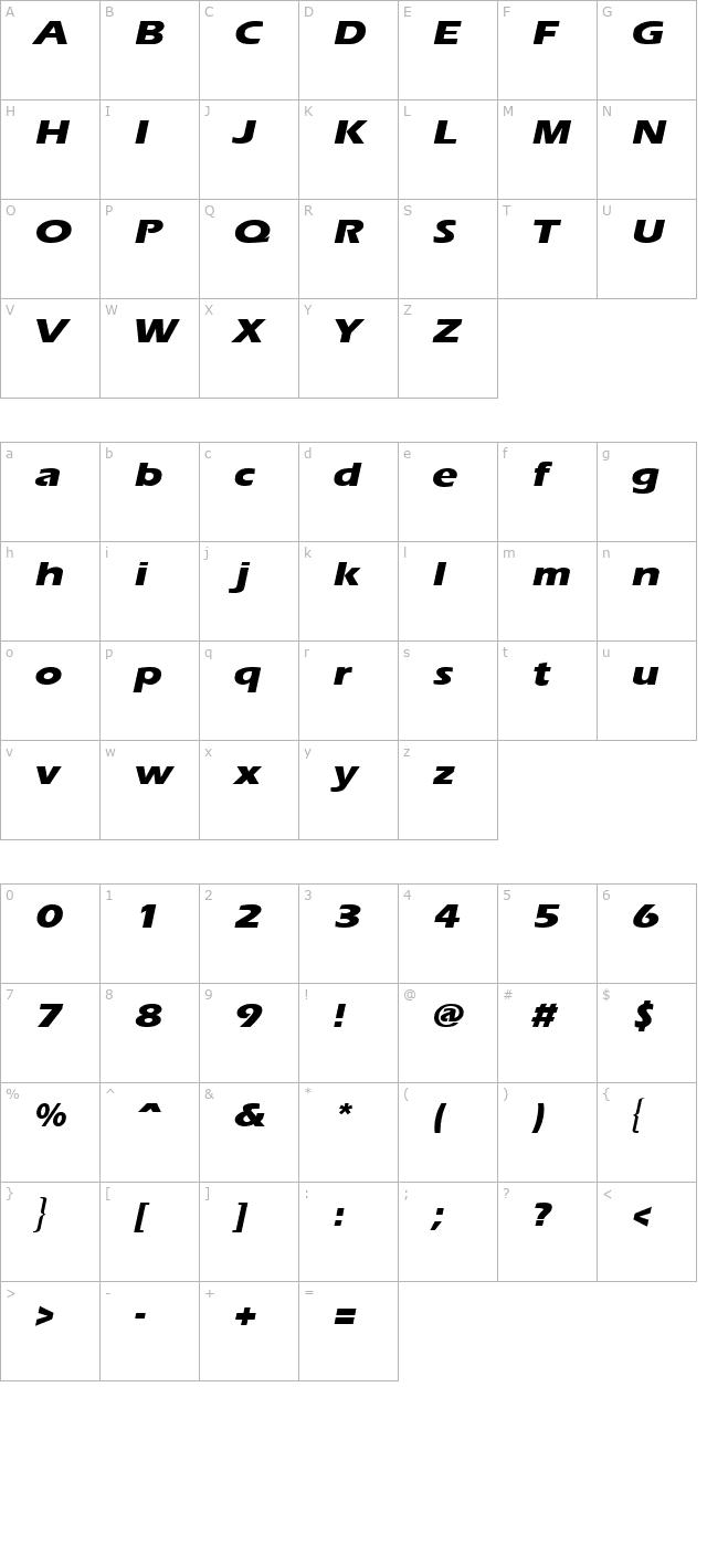 Ergoe Extrabold Expanded Italic character map