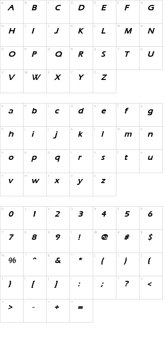 Ergoe-Mild Bold Italic character map