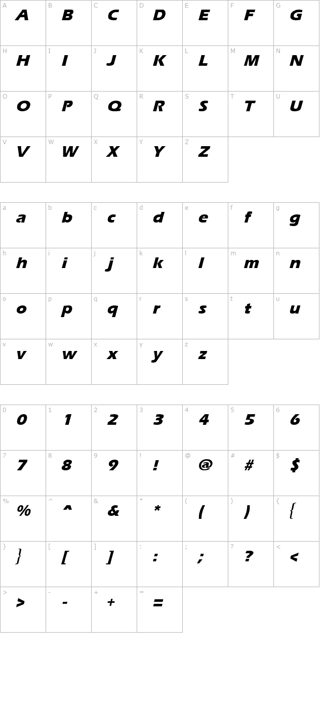 Ergoe-Mild Extrabold Italic character map