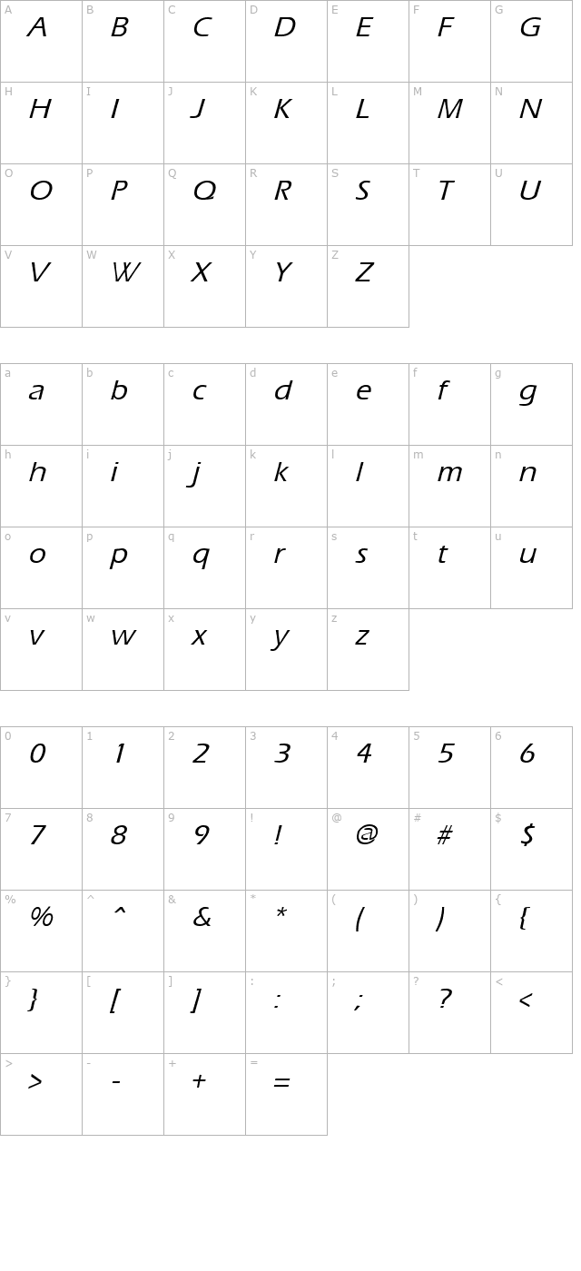 ergoe-mild-italic character map