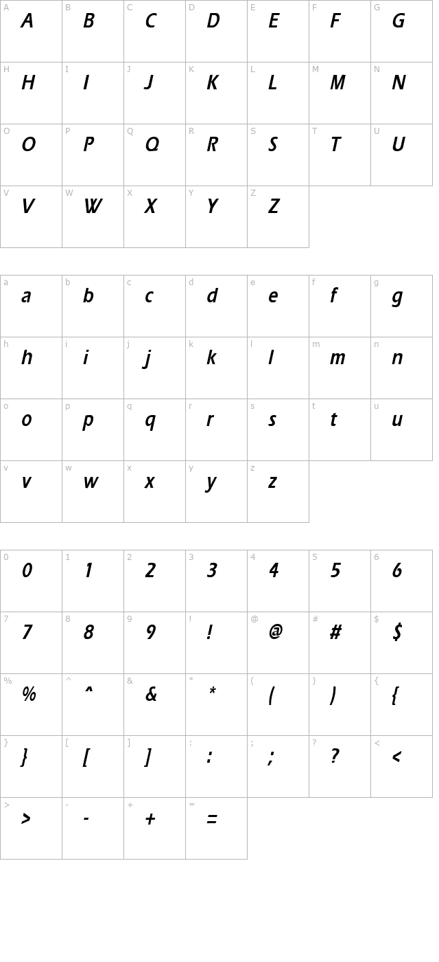 ErgoeCondensed Bold Italic character map