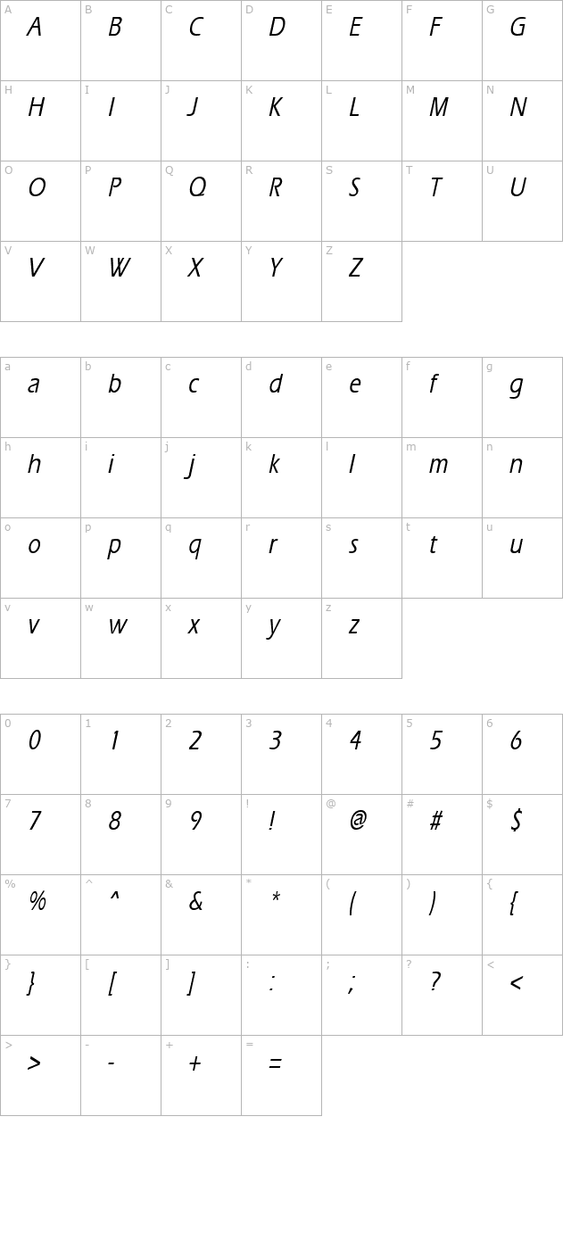 ErgoeMediumCondensed Italic character map