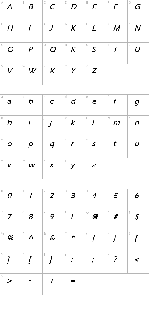 Eric Bold Italic character map
