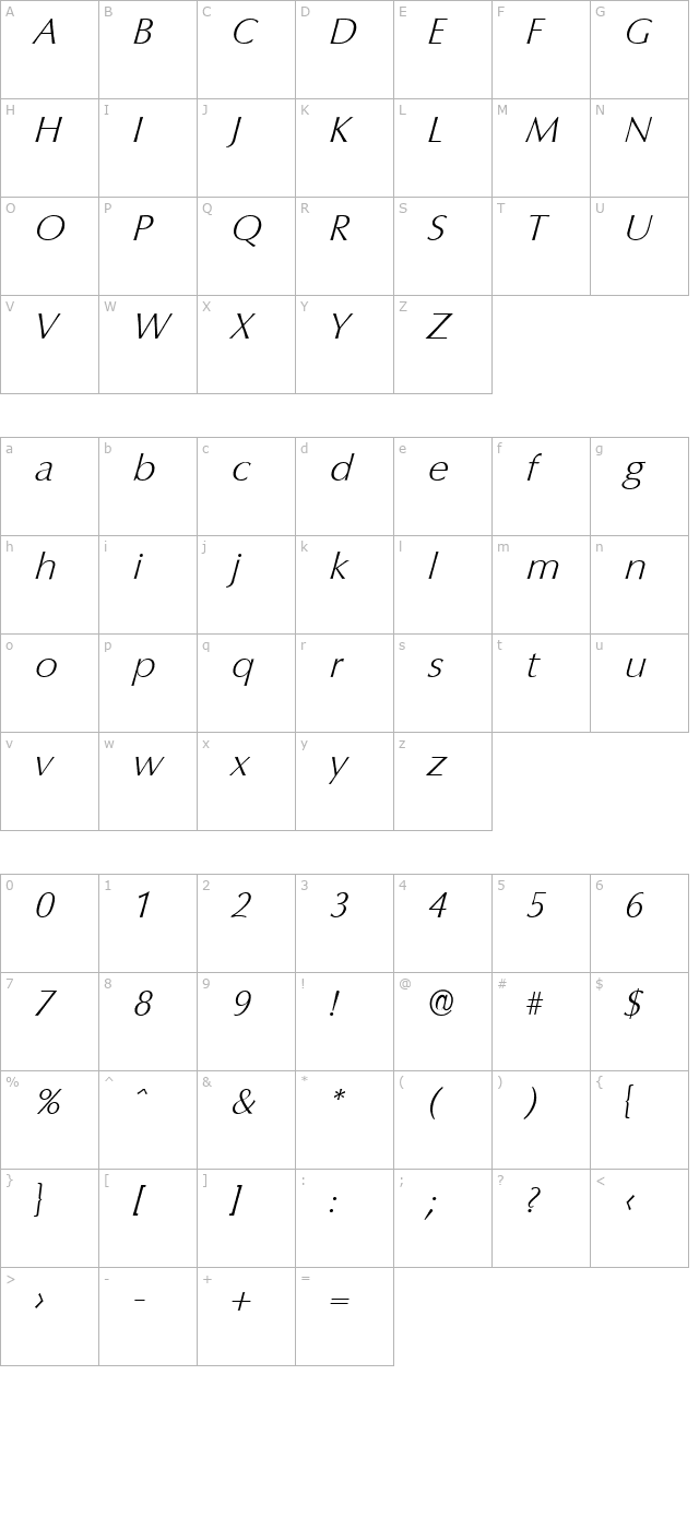 EricBecker-ExtraLight Italic character map