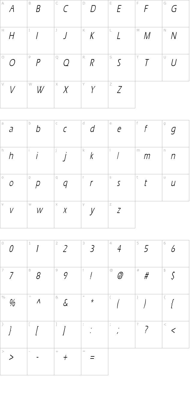ErosCondensed Italic character map