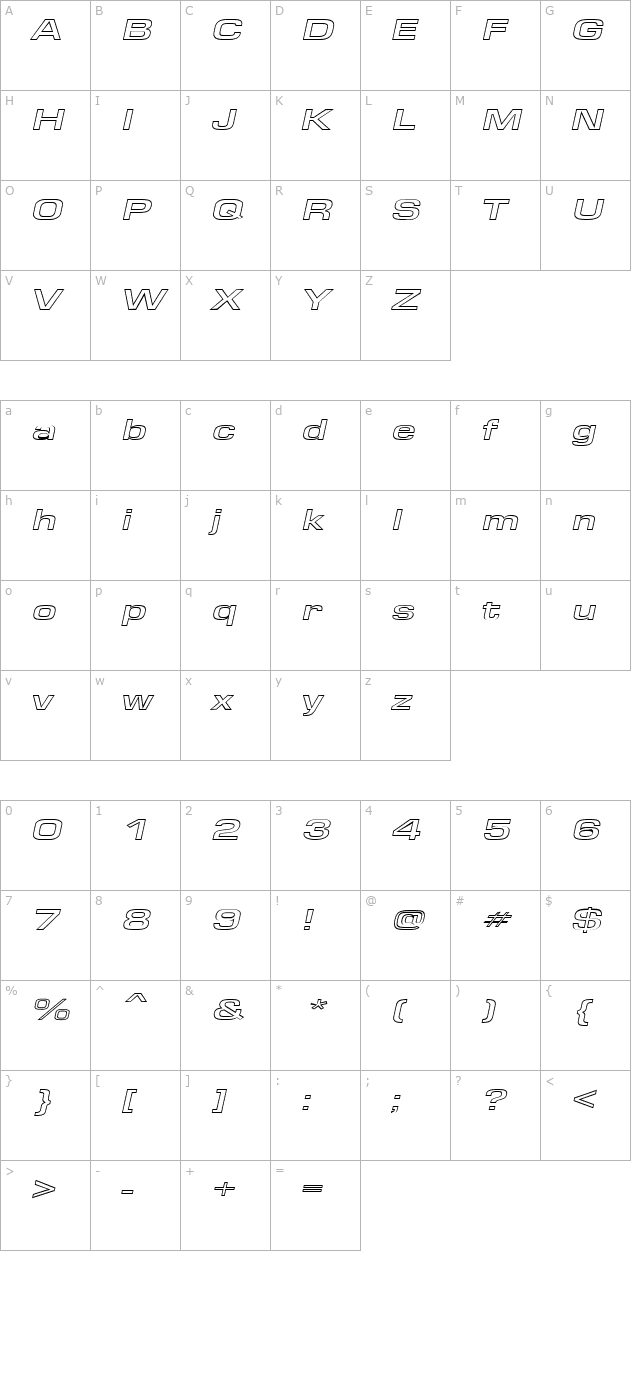 EuroseWideHollow Italic character map