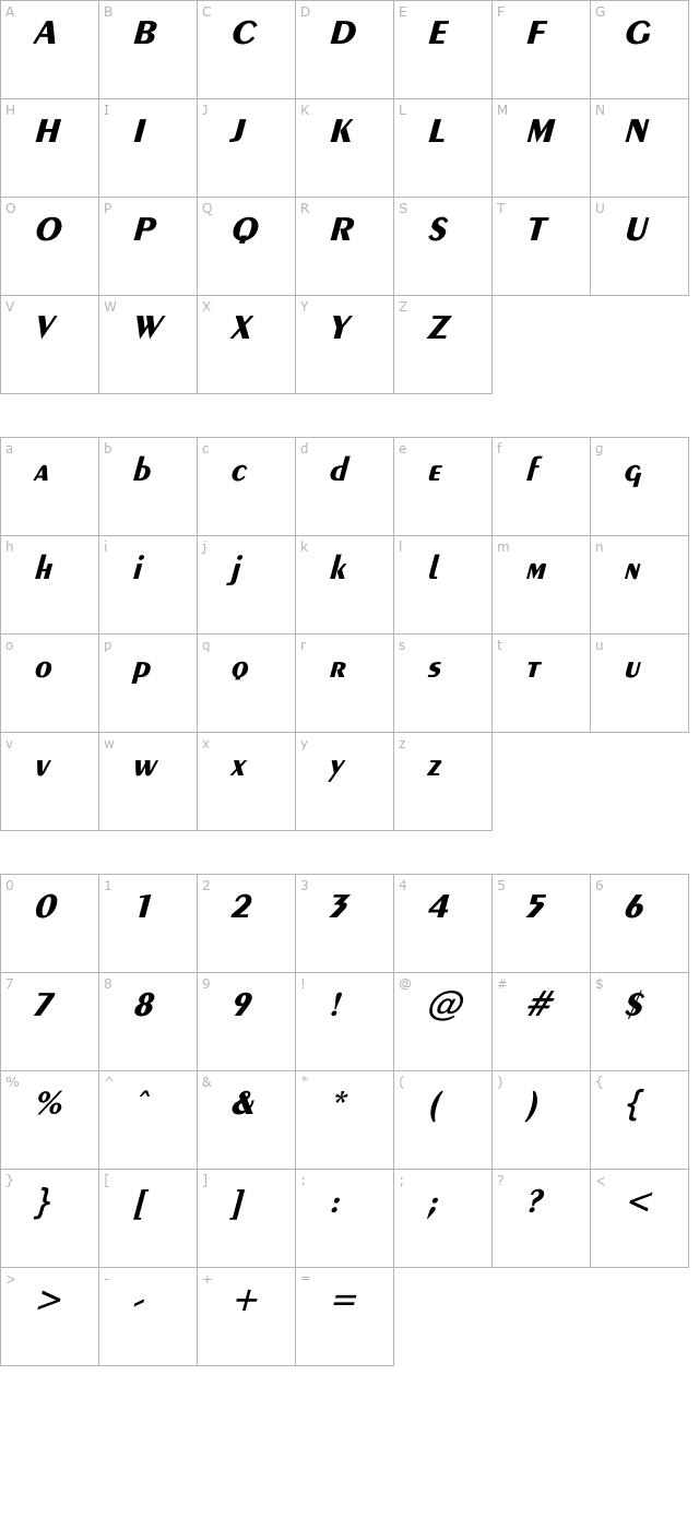 Exotic-Bold Italic character map