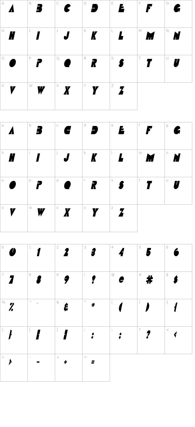 Fatso Thin Italic character map