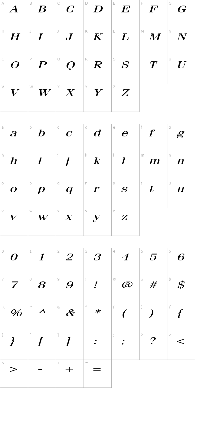 FeliciaExtended Italic character map