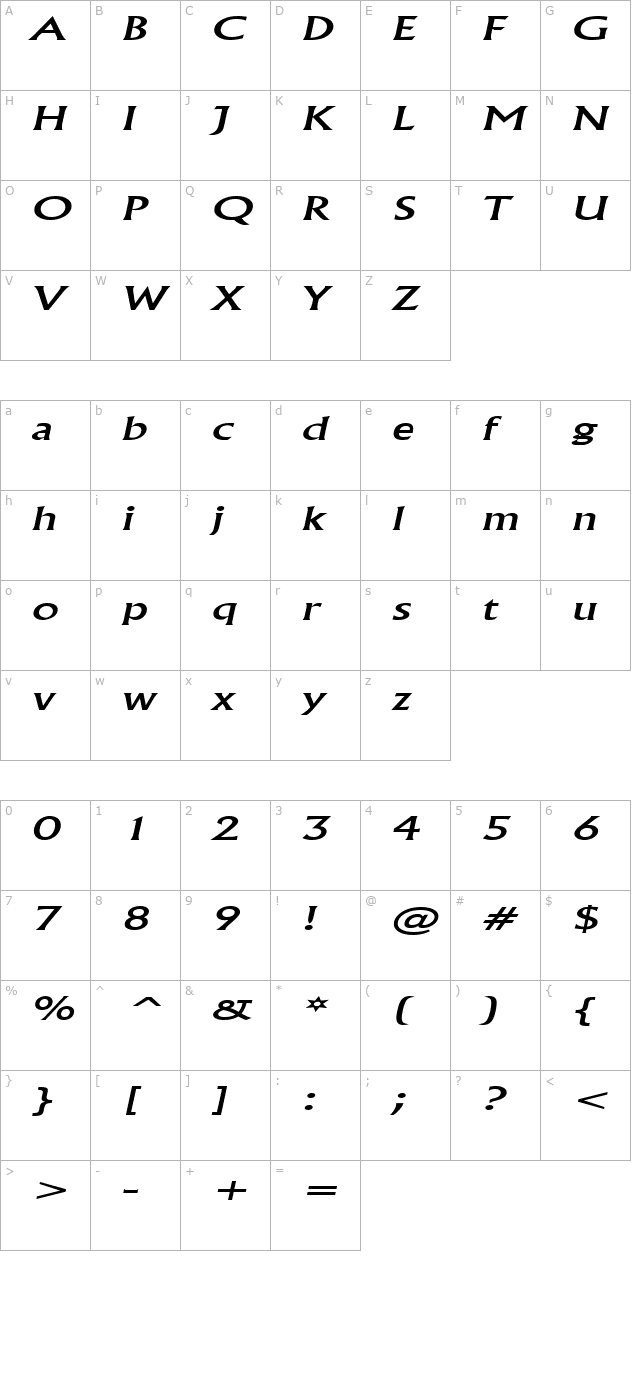 Flair Extended Italic character map