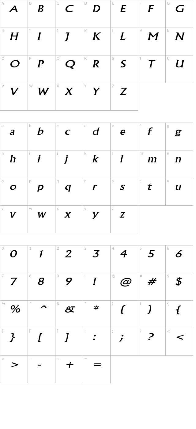 Flair Wide Italic character map