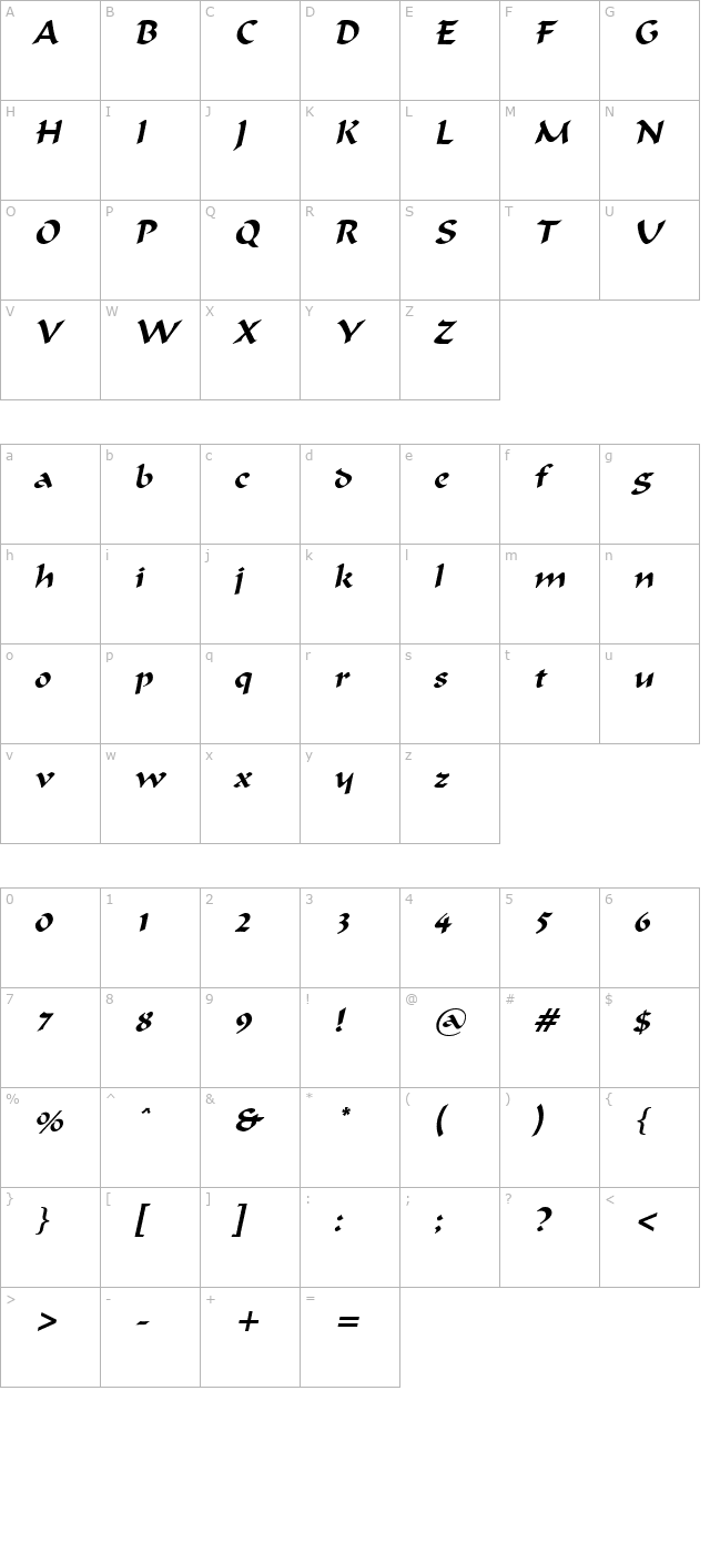 Flat Brush Italic character map