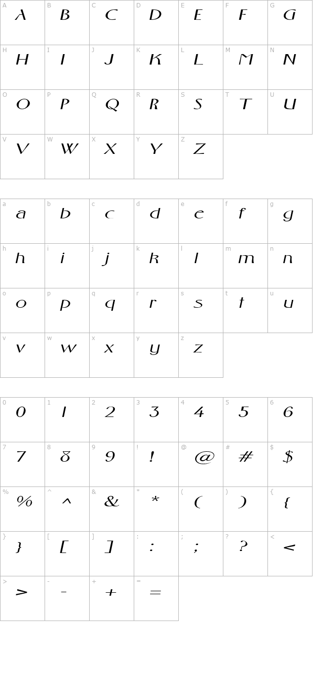 FosterExpanded Italic character map
