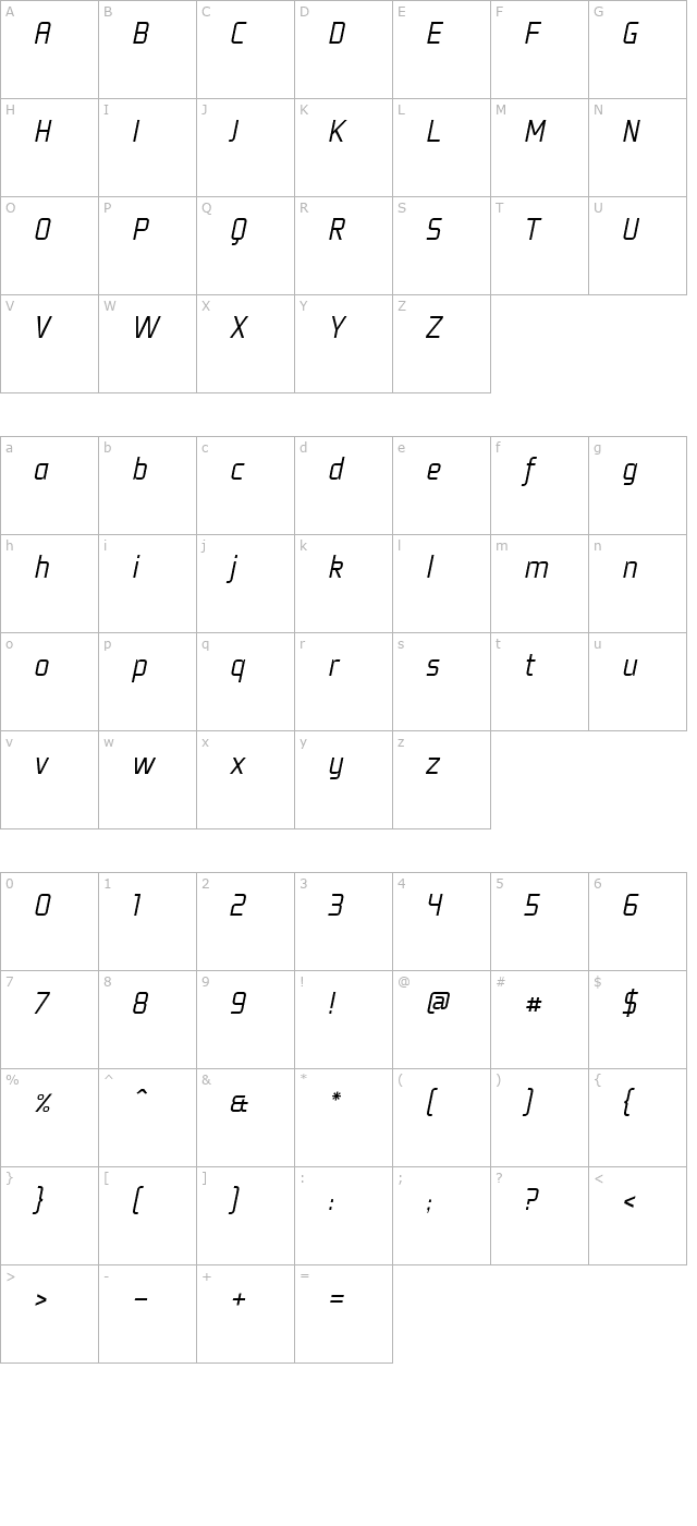 Fragma Light Italic character map