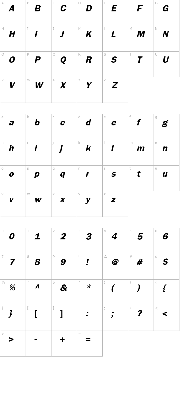 Franzfurt Bold Italic character map