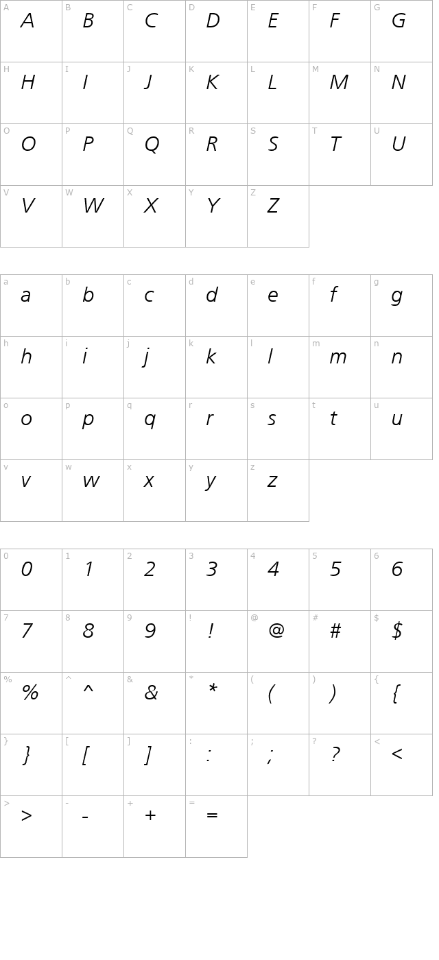 FrontPageLH Italic character map