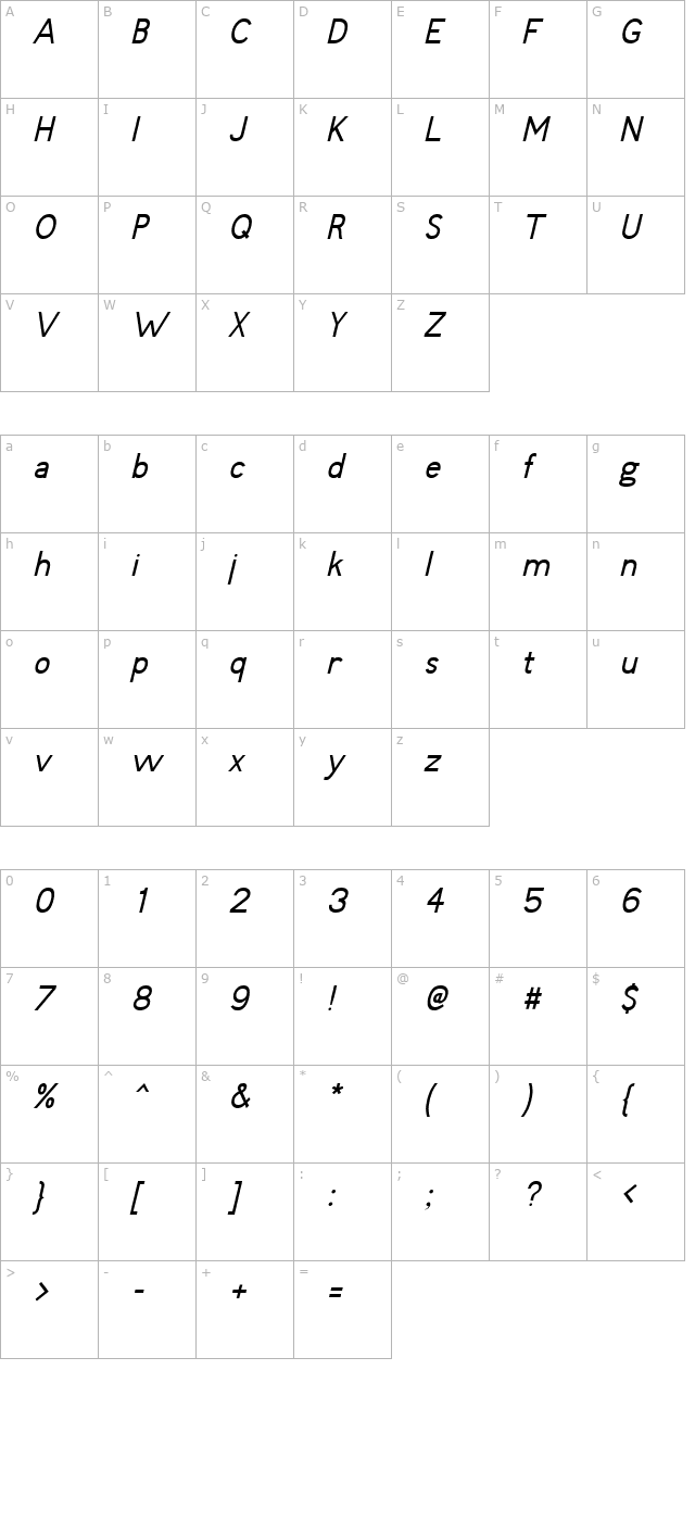 Fudd Italic character map