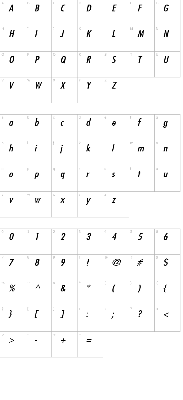 Fuji Wide Italic character map