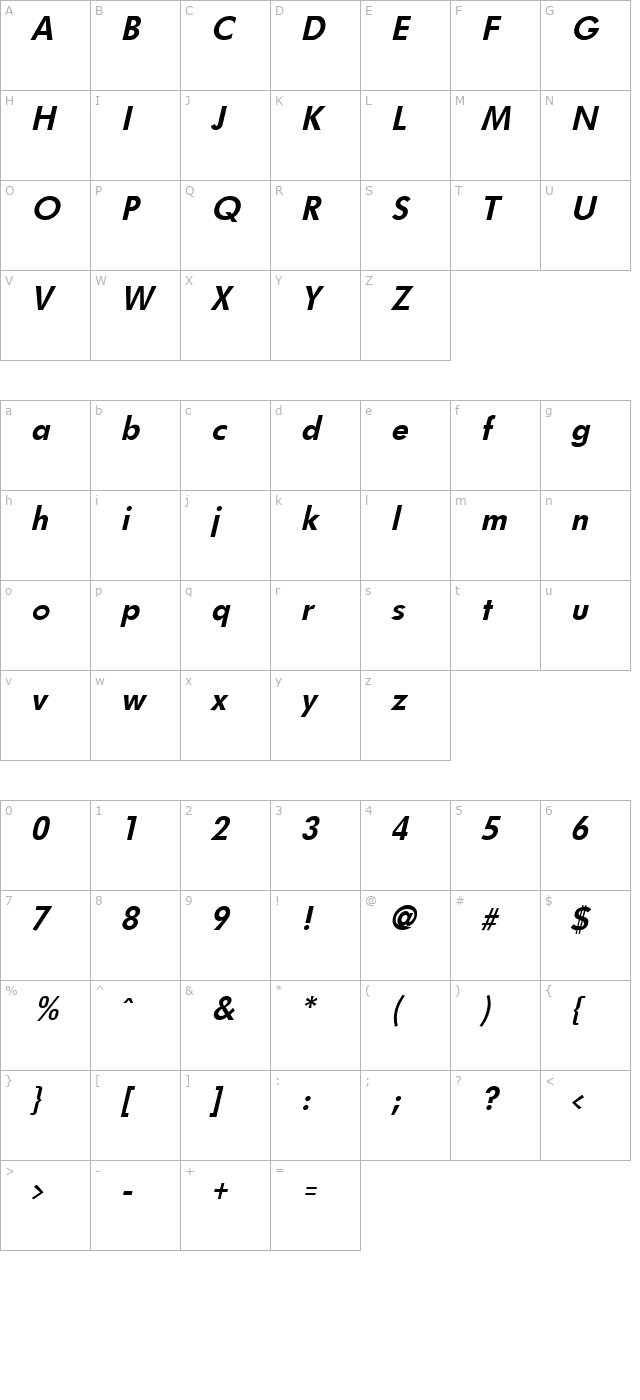 Fulton Bold Italic character map