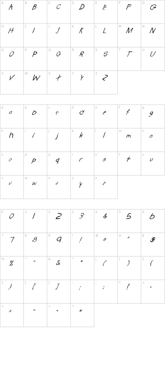 fz-hand-22-spiked-italic character map