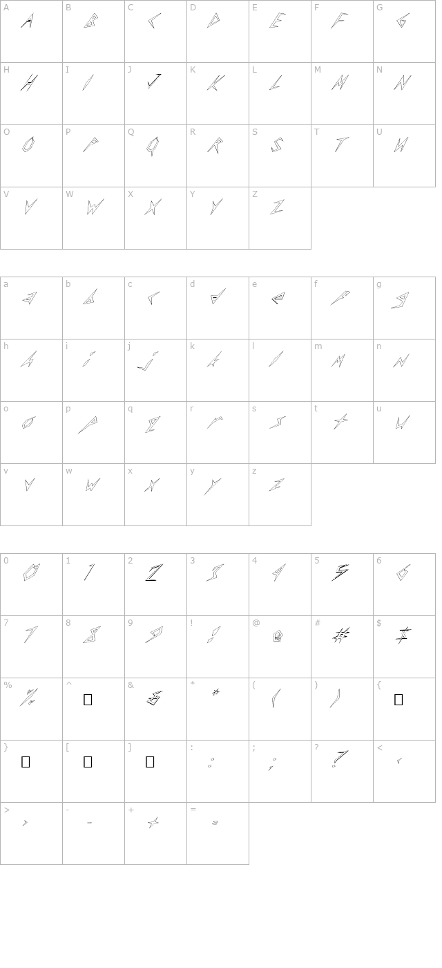 FZ UNIQUE 17 HOLLOW ITALIC character map