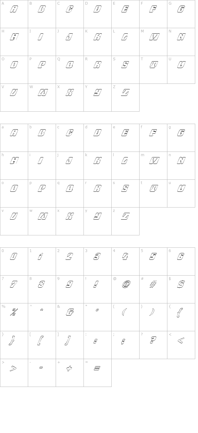 fz-unique-32-hollow-italic character map