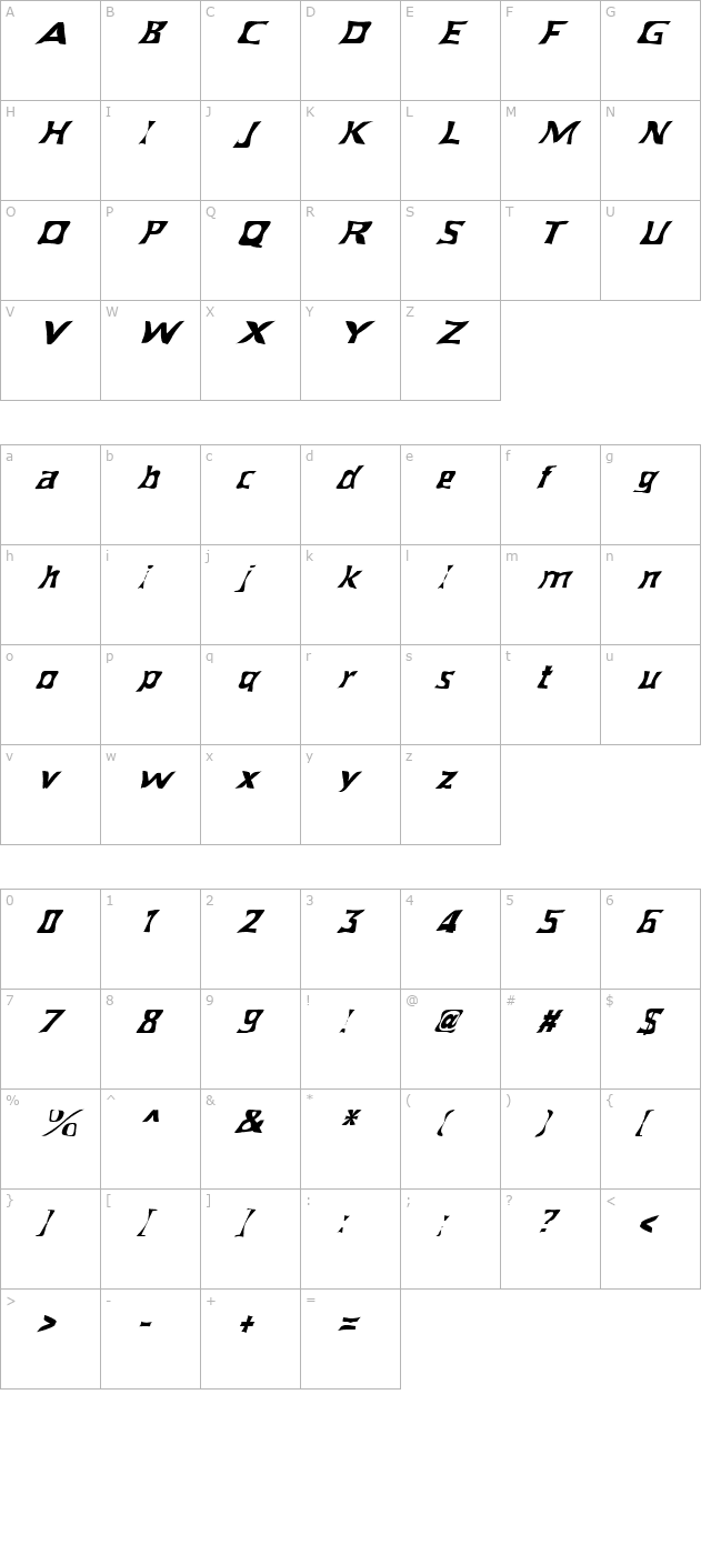 fz-warped-40-italic character map