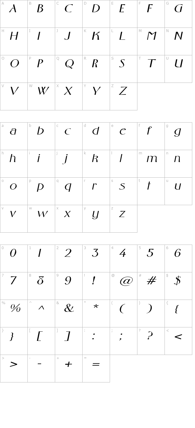 GabrielExtended Italic character map