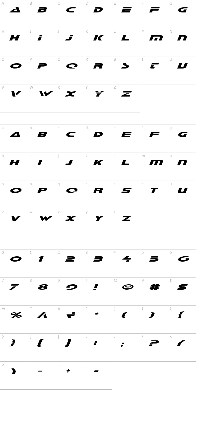 Galant Italic character map
