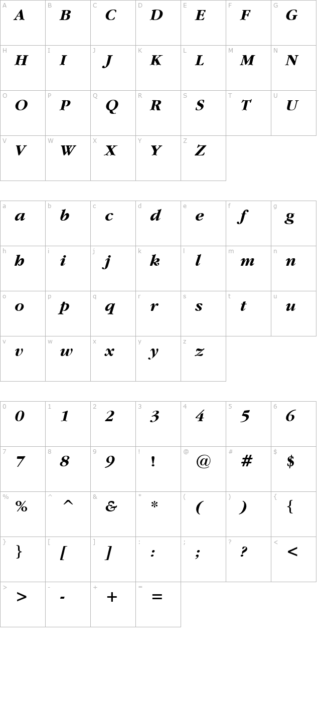 Garamand Bold Italic character map