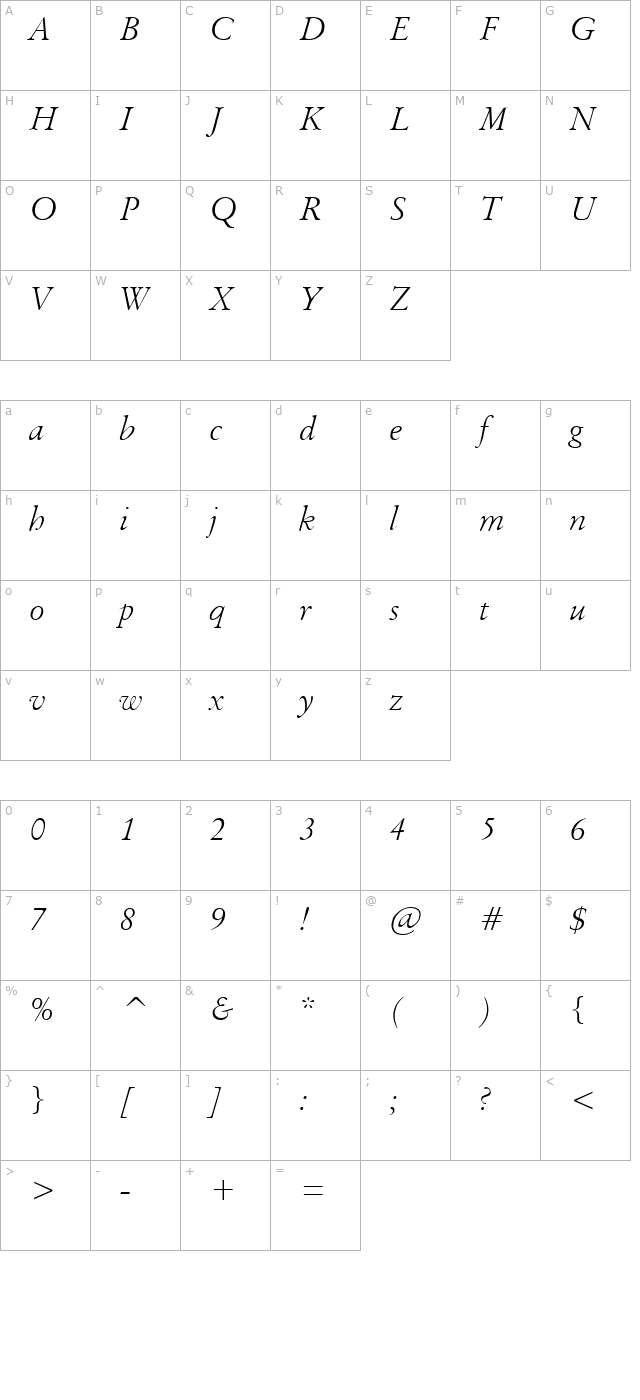 Garamand Classic Light Italic character map