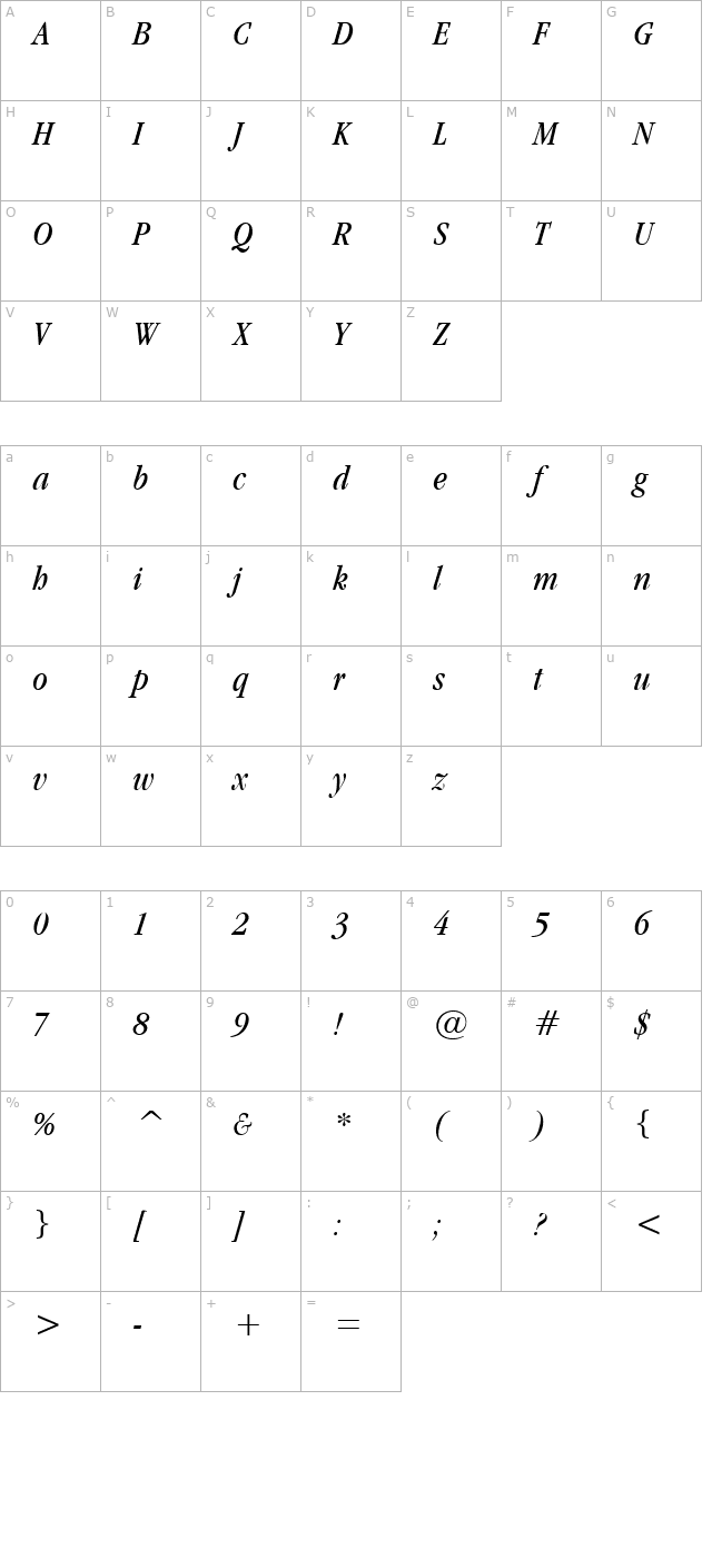 garamand-condensed-italic character map