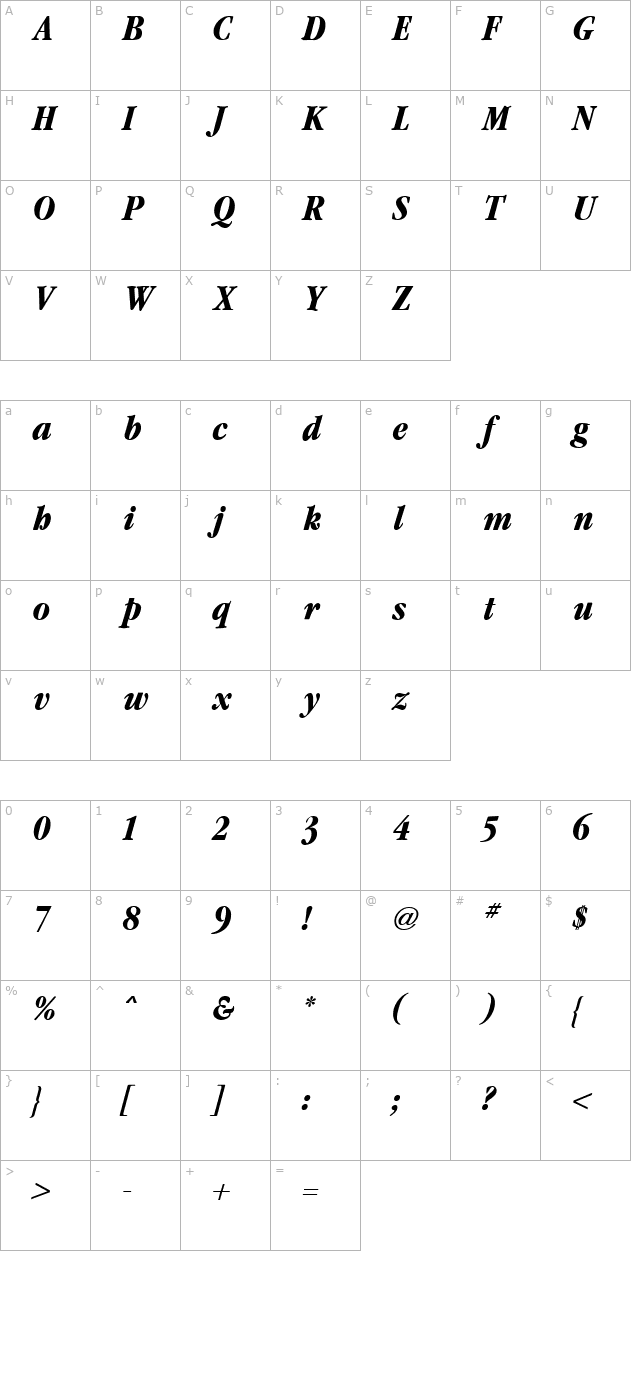 Garamond Condensed Bold Italic character map