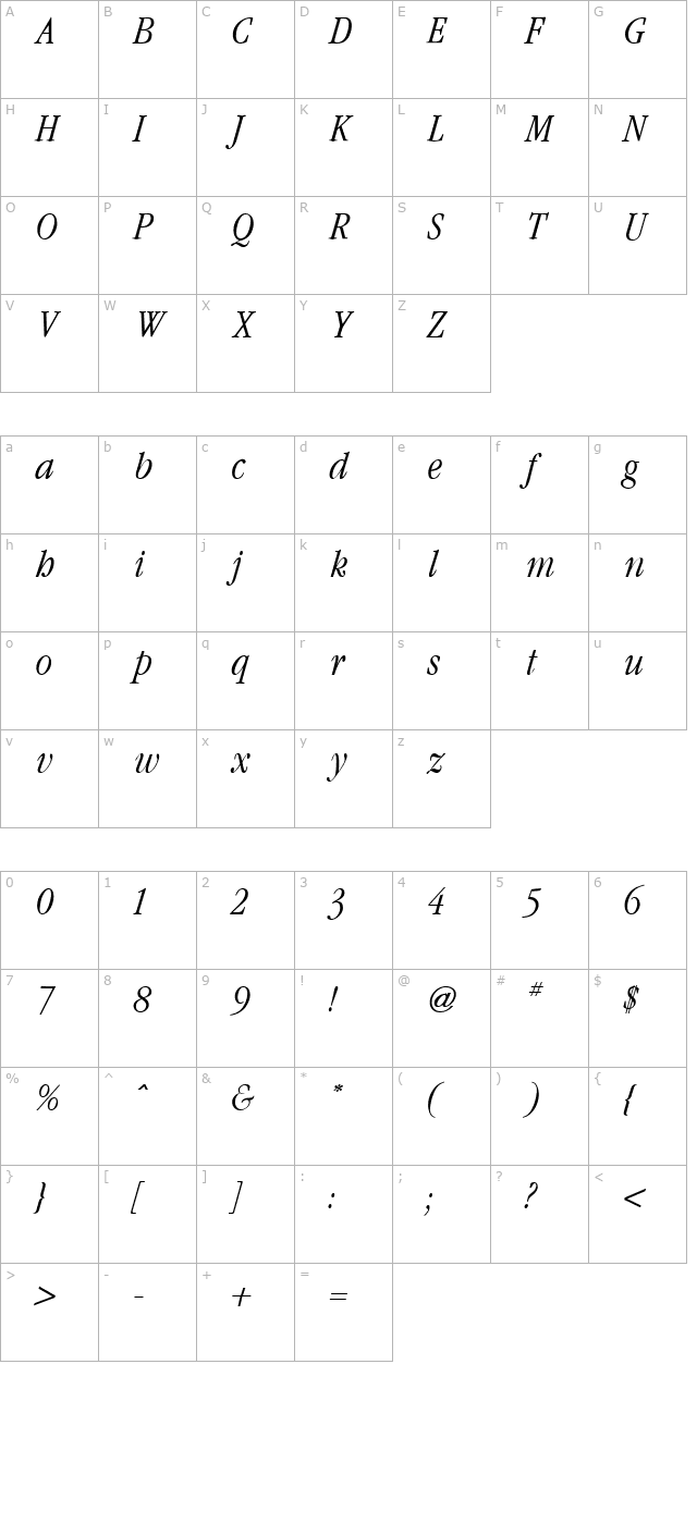 garamond-condensed-light-italic character map