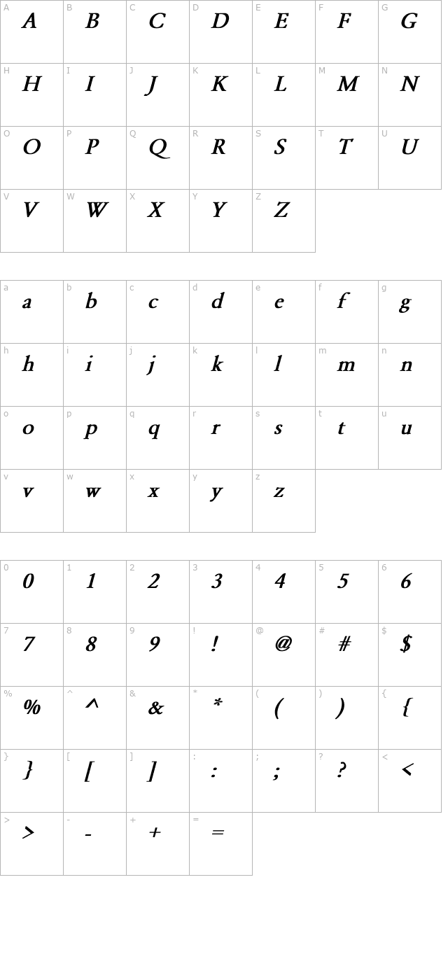 Garamond-Normal Bold Italic character map