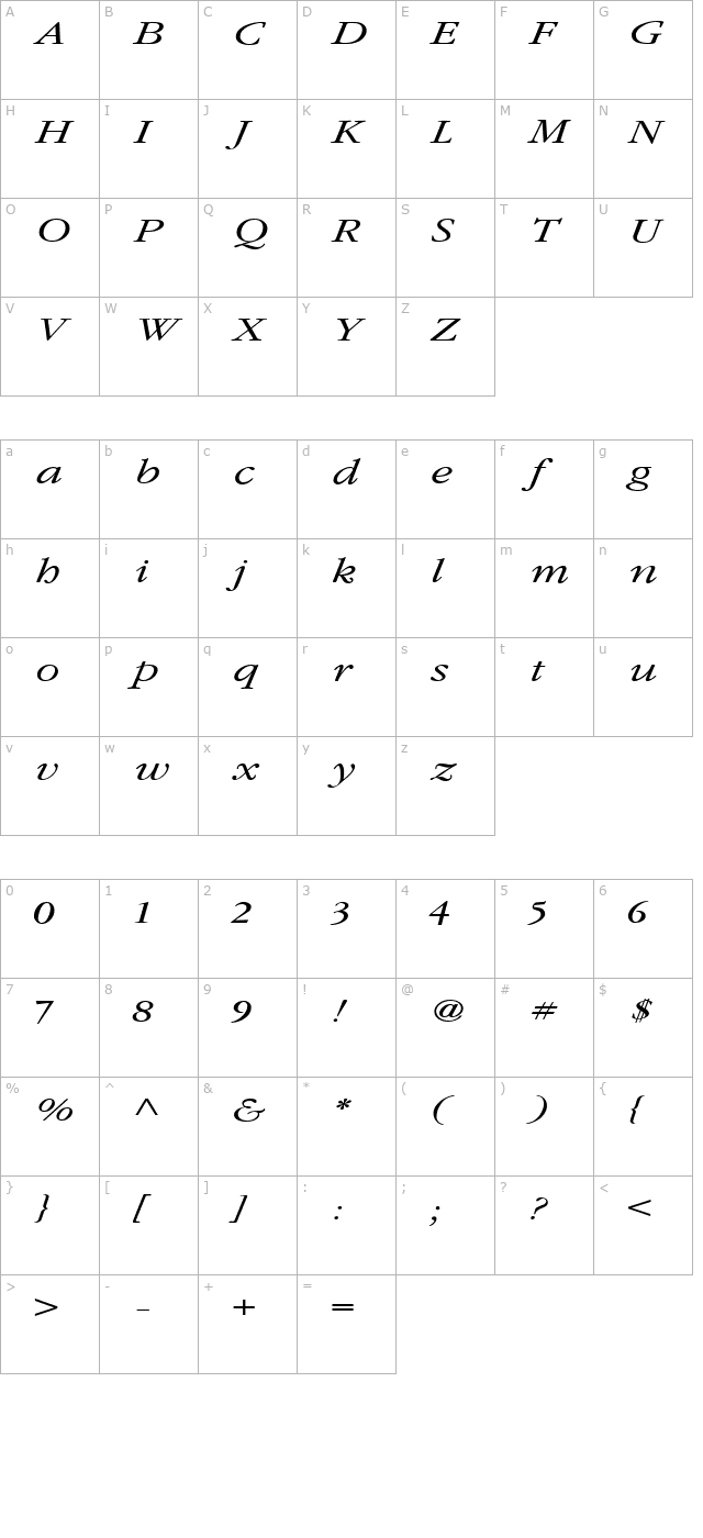 GarnetBroad Italic character map