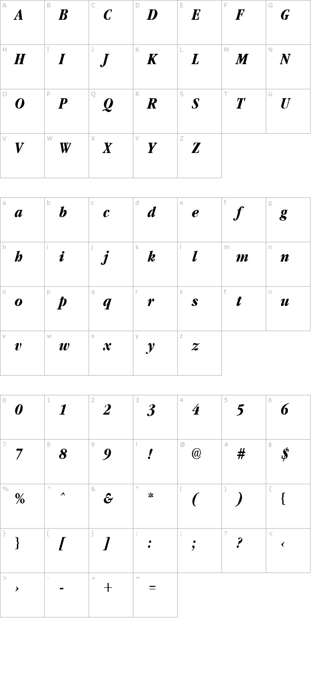 GarnetCondensed Bold Italic character map