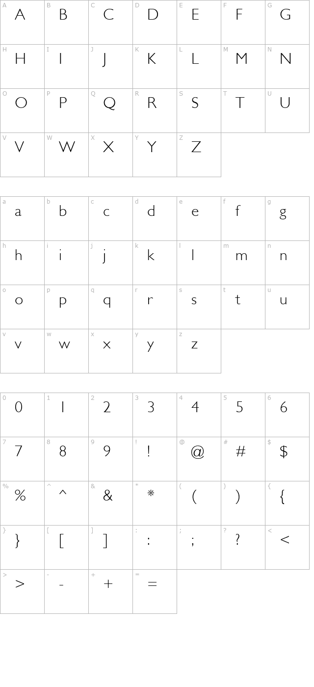Garrison Light Sans character map