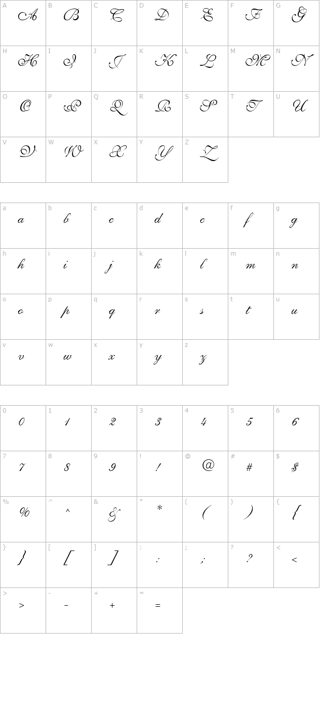 GE Twill Script Normal character map