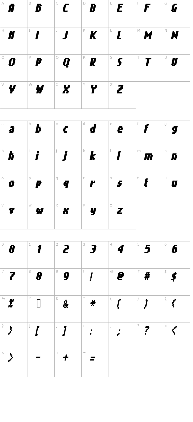 Gimenells Italic character map