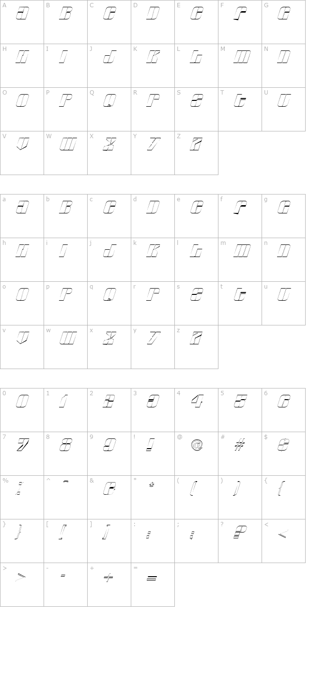 Glyphic Series Outline Italic character map