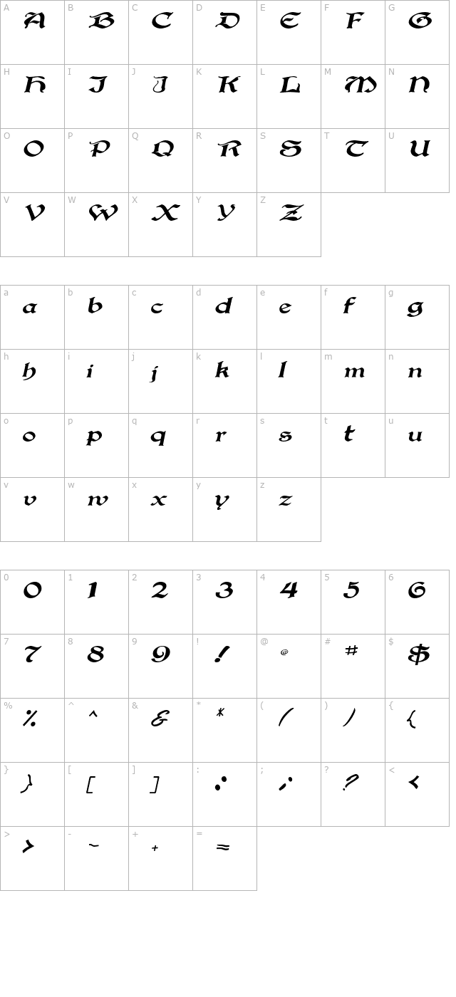 Gregorian Italic character map