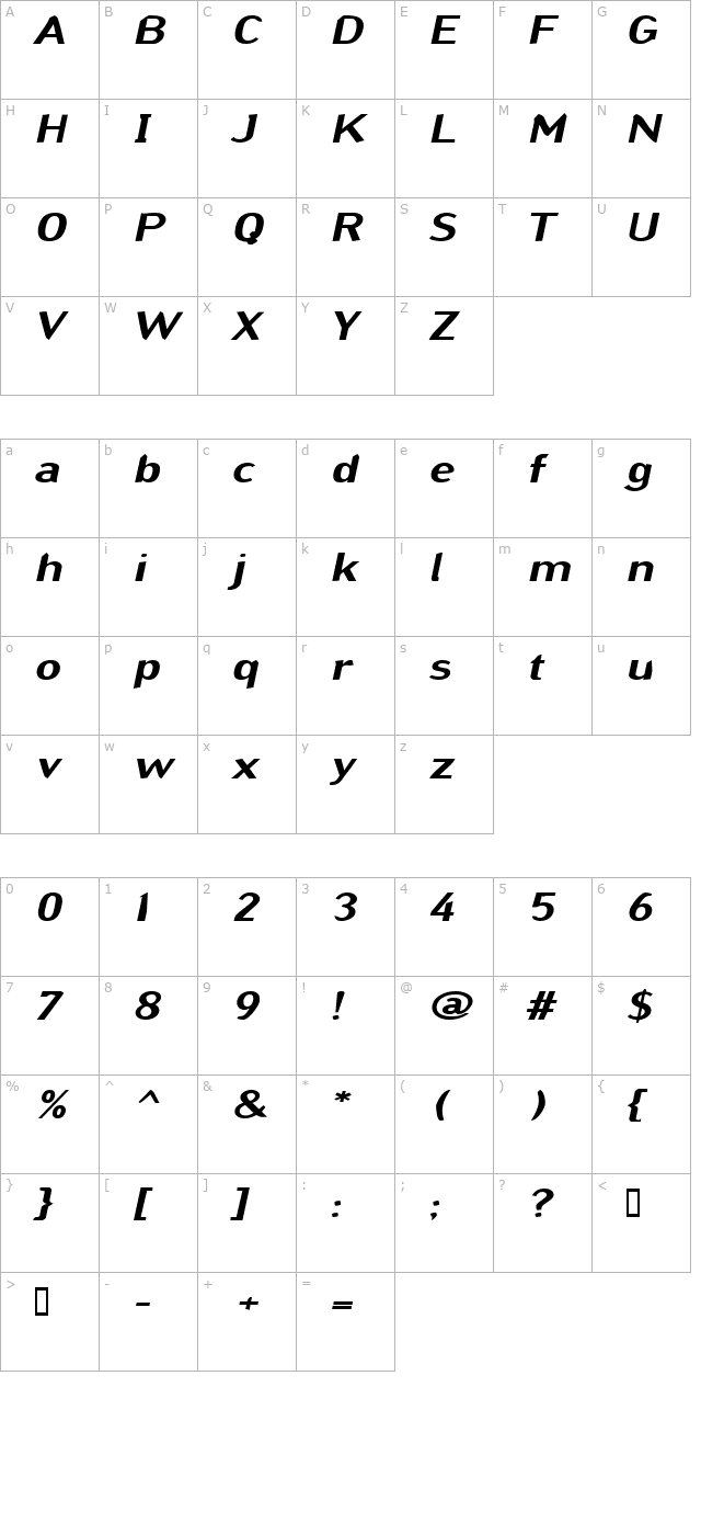 GrinderExtended Italic character map