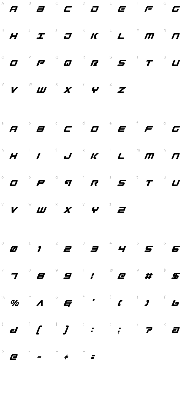 Gunship Condensed Italic character map