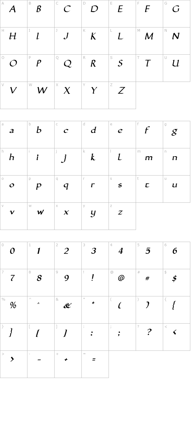 gunthercalligraphic-italic character map