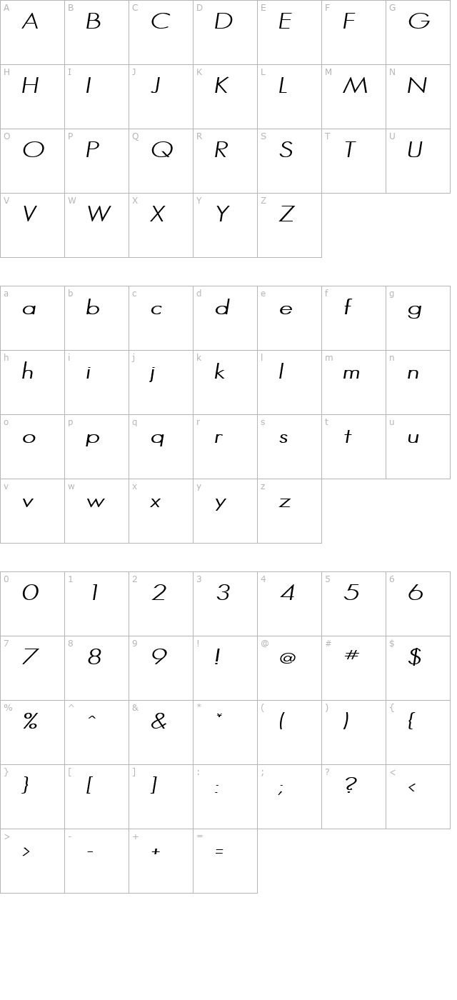 HalibutCondensed Italic character map