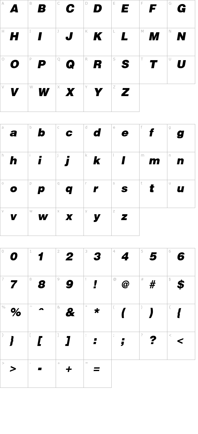 Hallmarke Black Italic character map